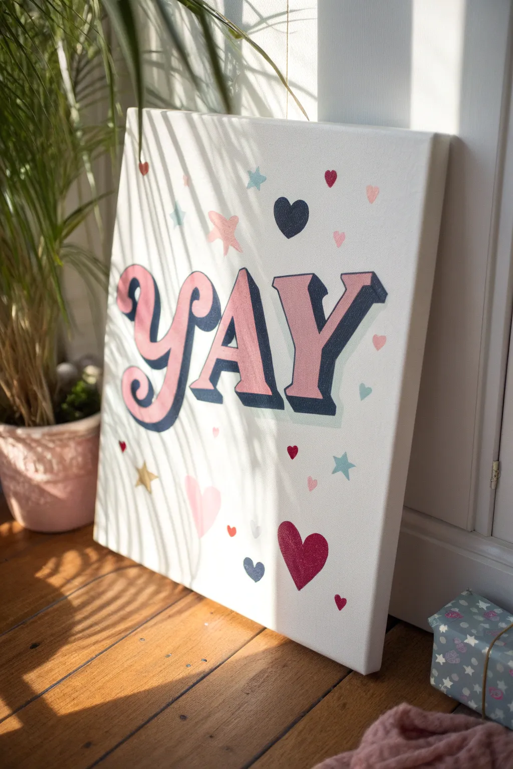 Preppy bubble-letter canvas in pink and navy, crisp shadows and tiny hearts for sweet minimal flair
