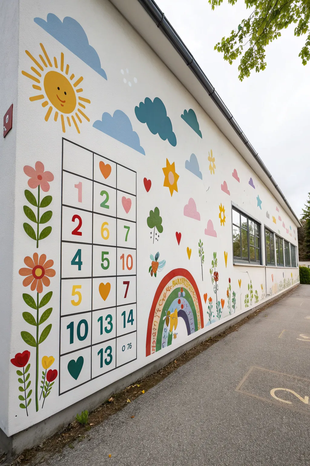 Simple counting mural: sun to stars in tidy clusters, bold colors made for tiny fingers.