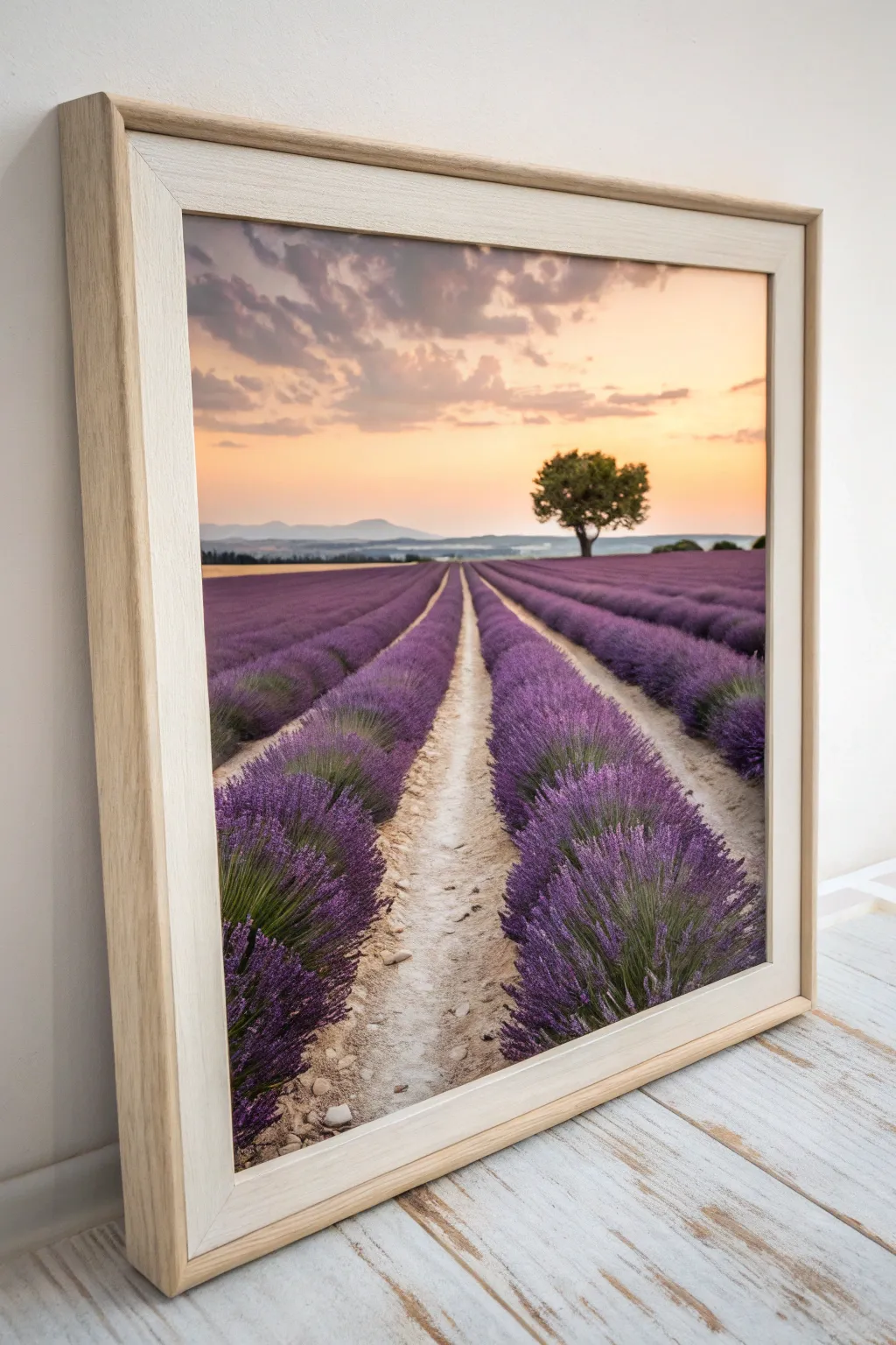 Lavender rows and a simple path glowing at golden hour, a serene minimalist painting idea