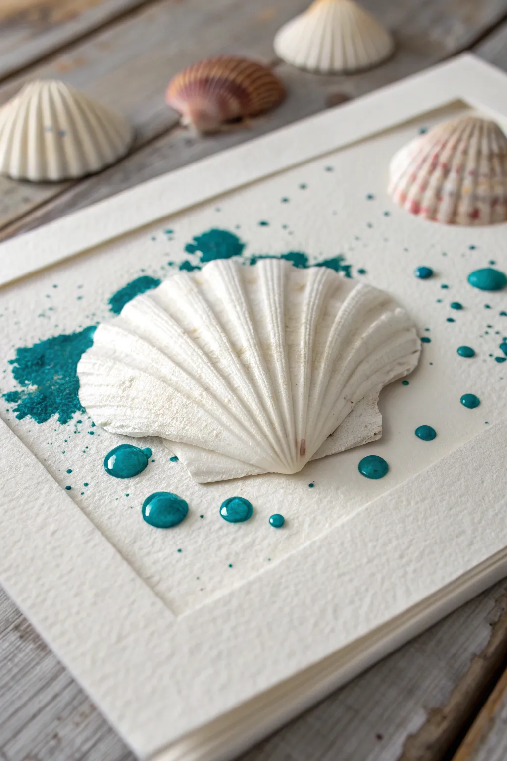 Puffy paint shell ridges with sea-foam bubbles on minimalist paper for bold, touchable 3D texture