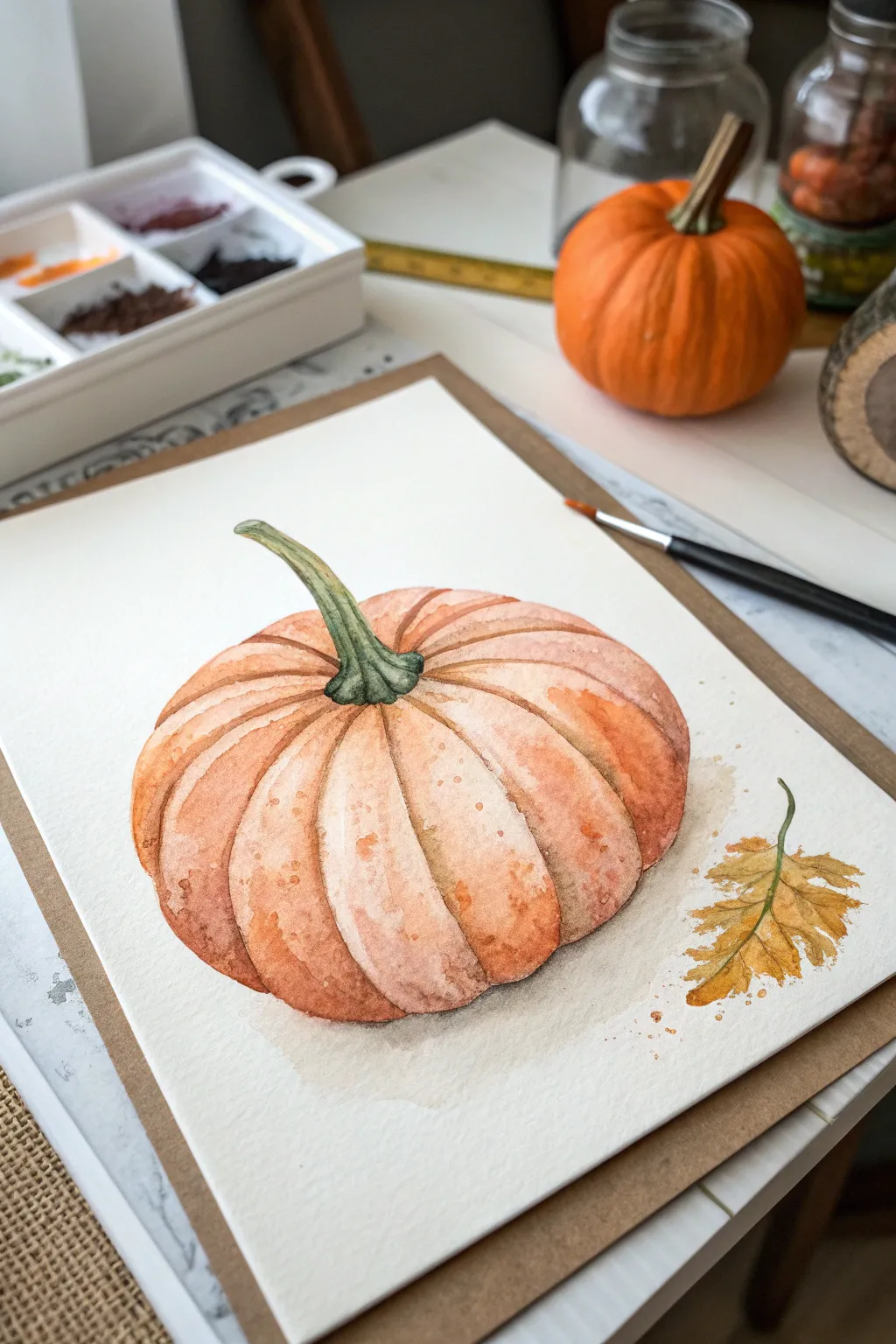 Dreamy watercolor wash pumpkin with soft blooms and crisp ribs in warm autumn orange