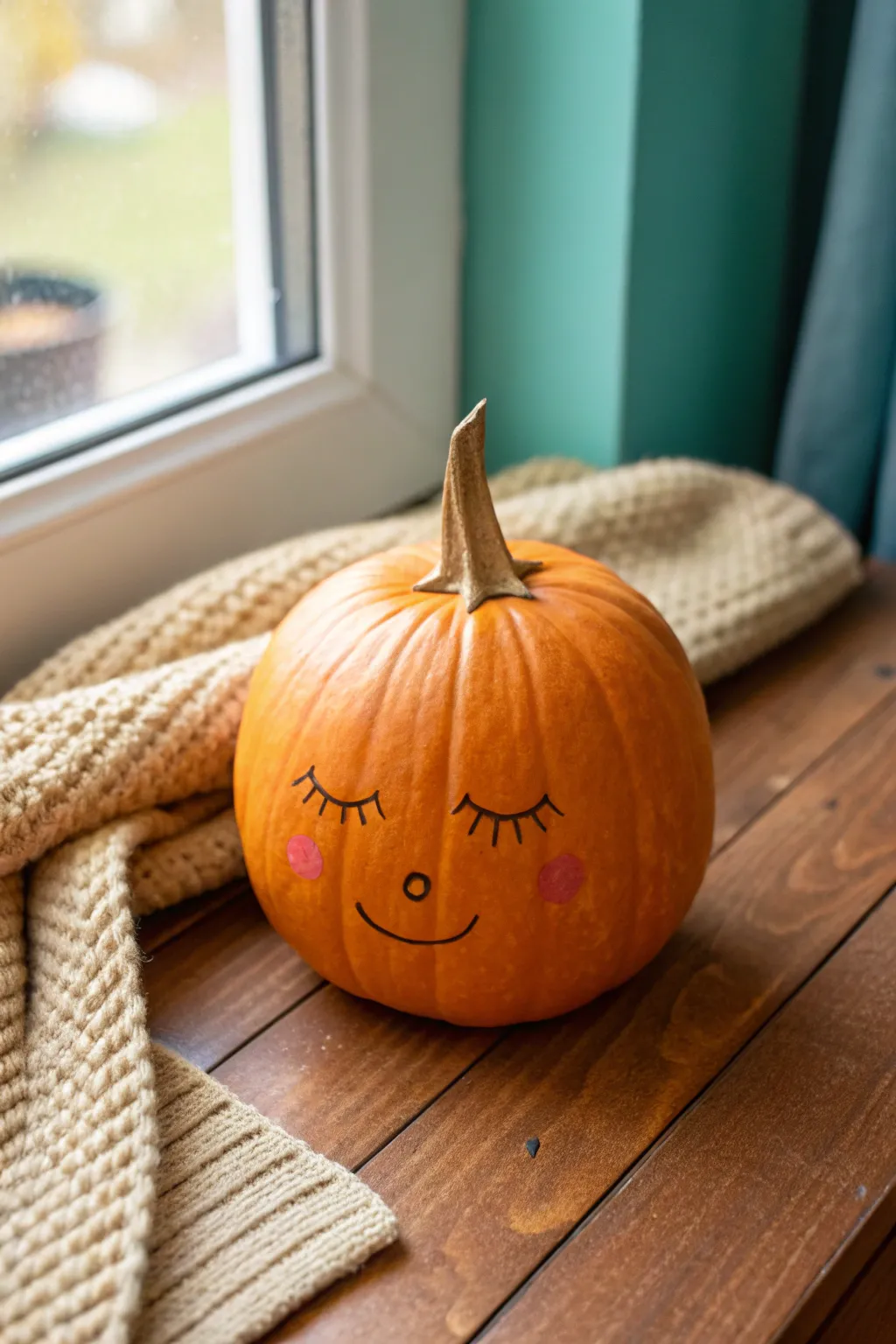 Sleepy closed-eye pumpkin face idea: simple crescents, rosy cheeks, cozy autumn minimal style.