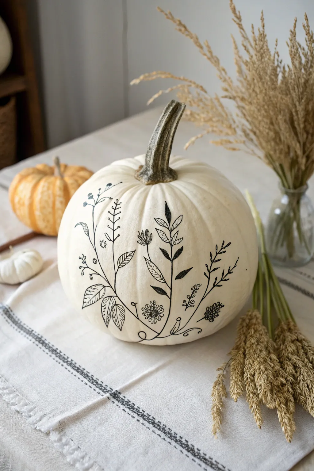 Minimal botanical line art pumpkin in cream and charcoal for a clean Scandinavian fall look
