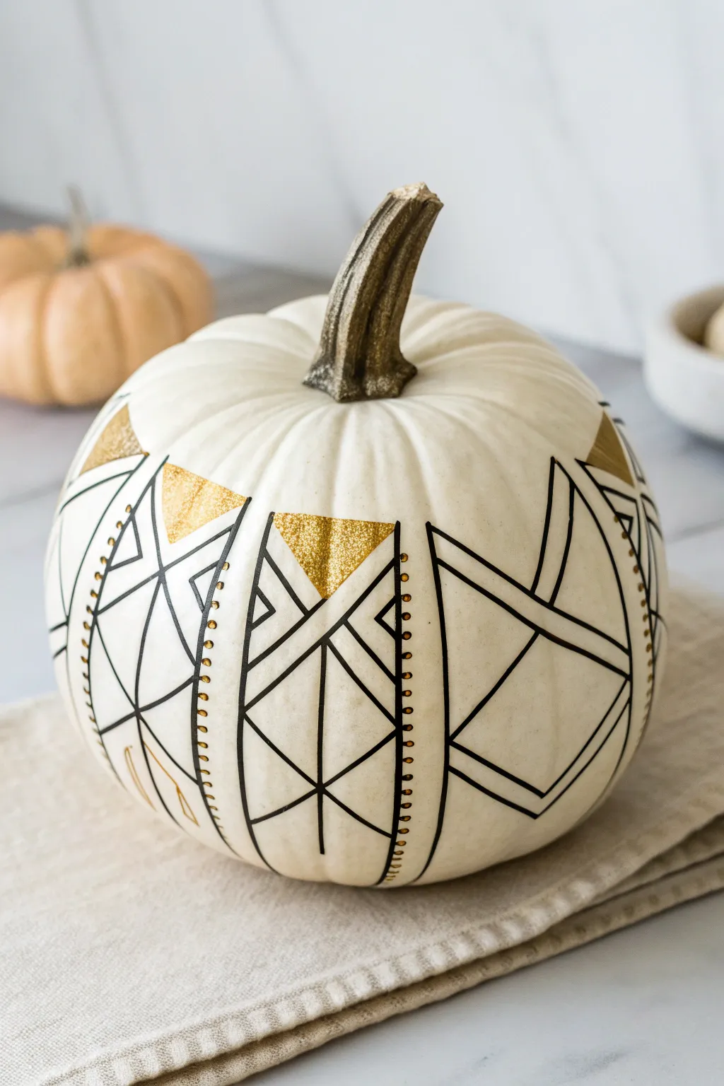 Minimal geometric line art pumpkin in black and gold for a chic modern autumn display