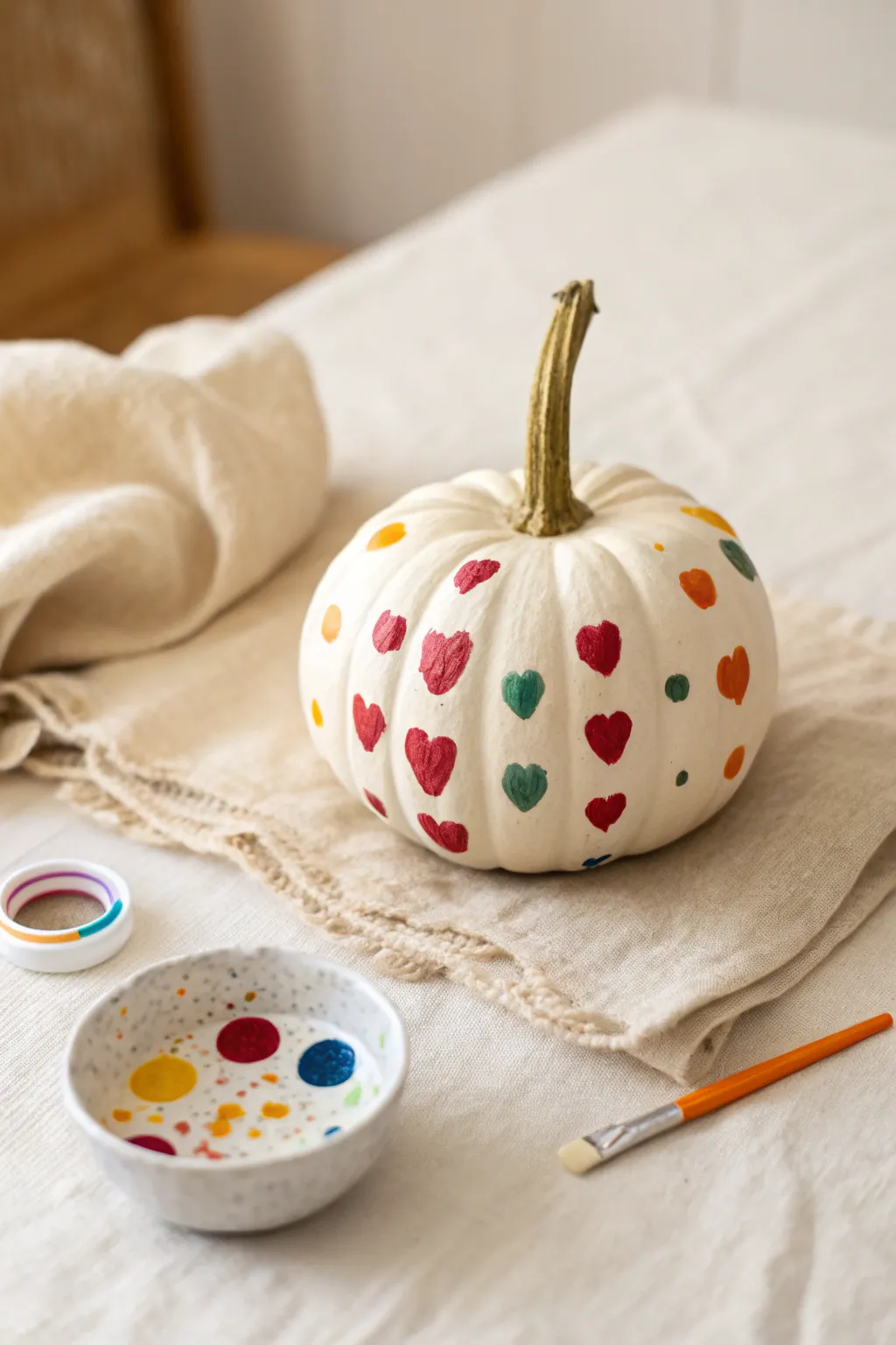 Minimalist boho pumpkin with bright fingerprint dots, a sweet kids craft idea for fall decor