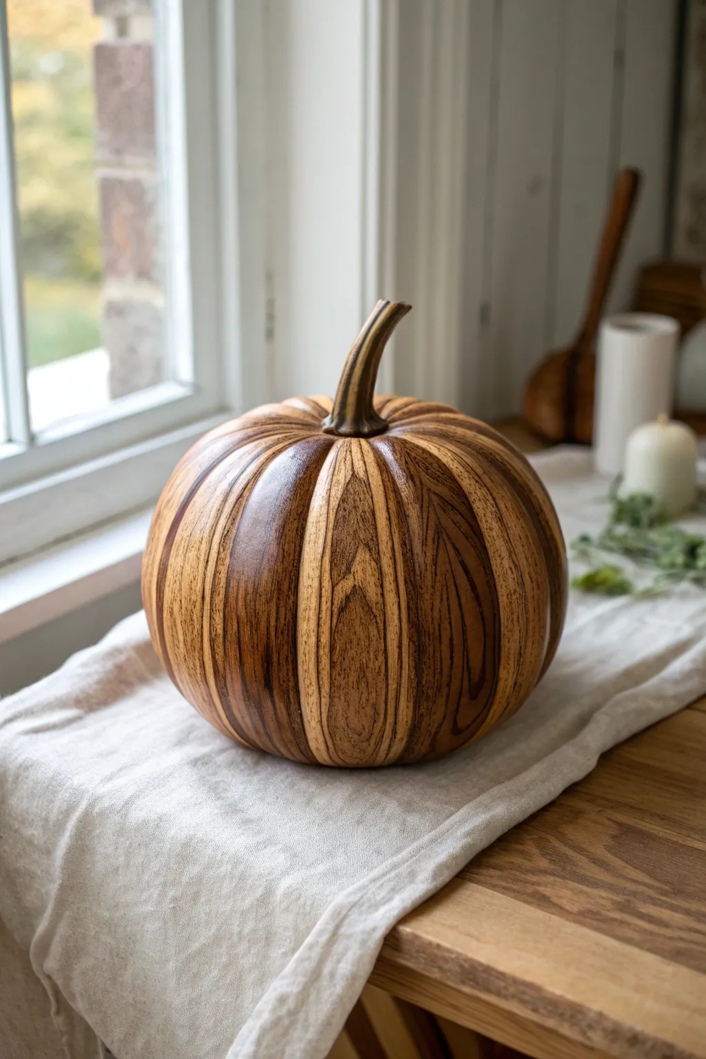 Wood-grain painted pumpkin in rich browns, crafted like carved timber for a bold rustic vibe