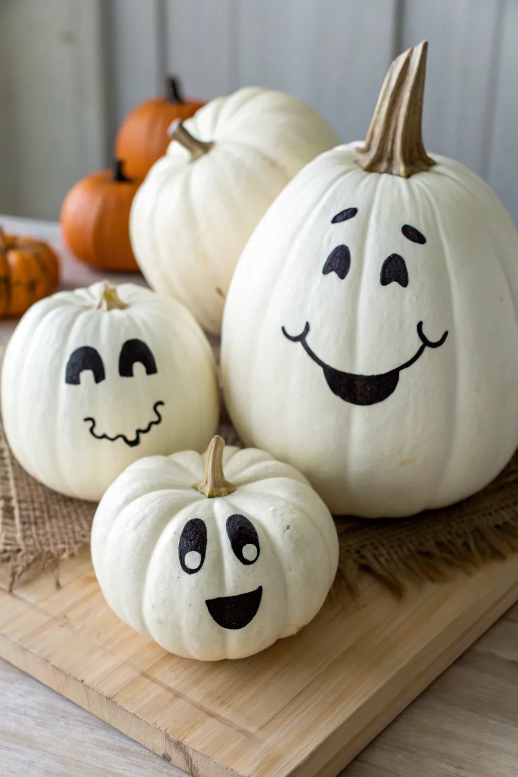 Cozy ghost pumpkin family trio with happy, surprised, and sleepy faces in minimalist style