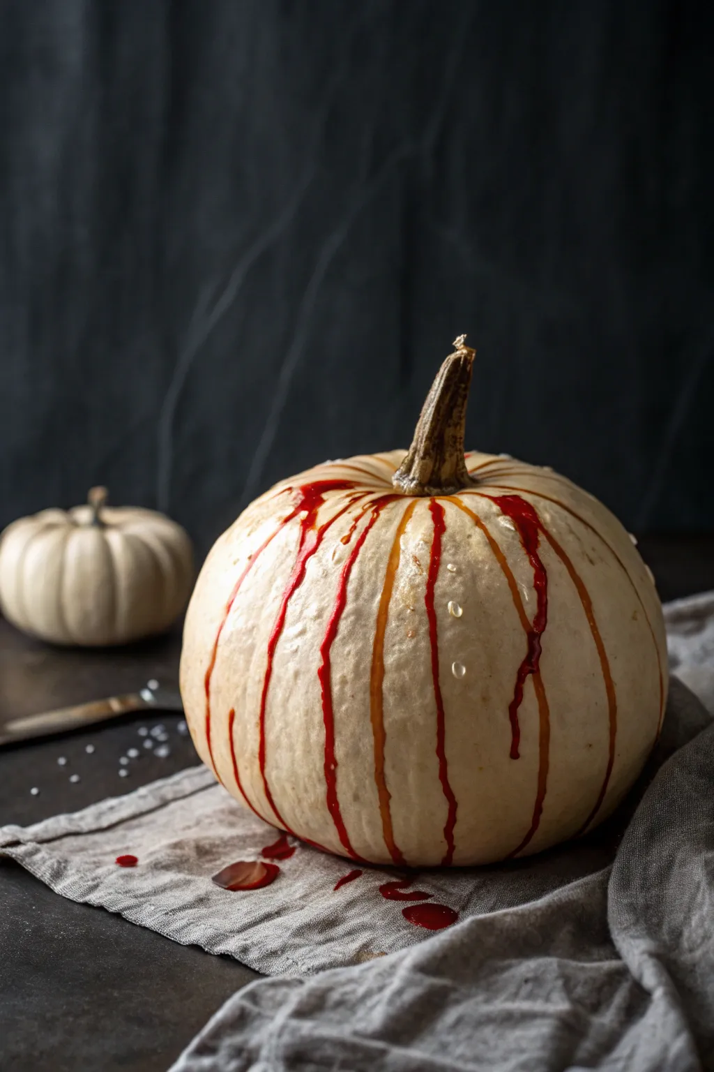 Minimalist Halloween pumpkin with glossy blood-red drips catching dramatic side light