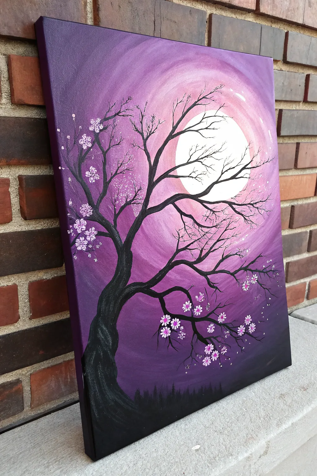 Cherry blossom silhouette pops against a glowing violet gradient, simple, bold, and calming.