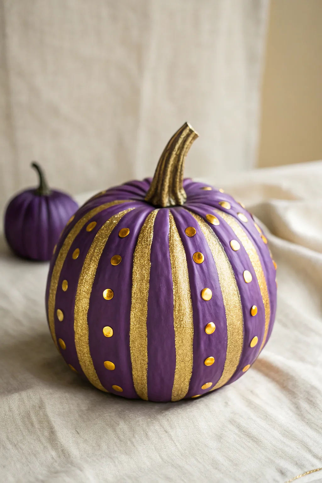 Purple pumpkin with gold glitter stripes and dots, minimalist fall glam for your porch.