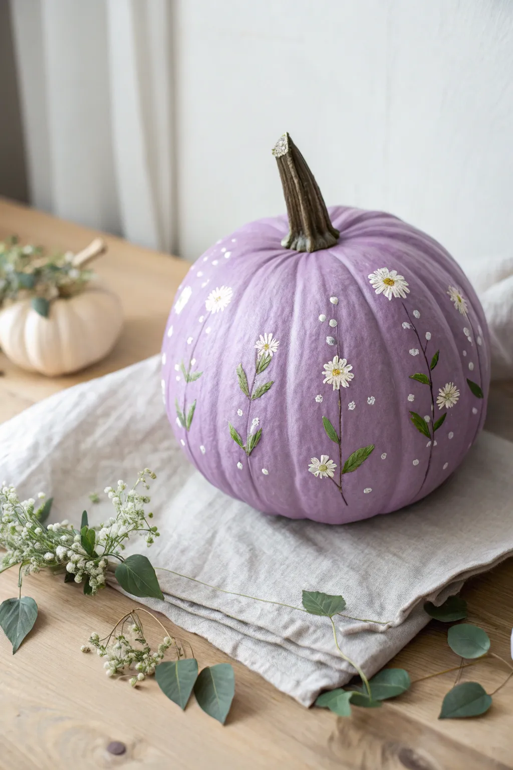 Purple pumpkin with tiny white florals for a soft, minimalist boho fall centerpiece