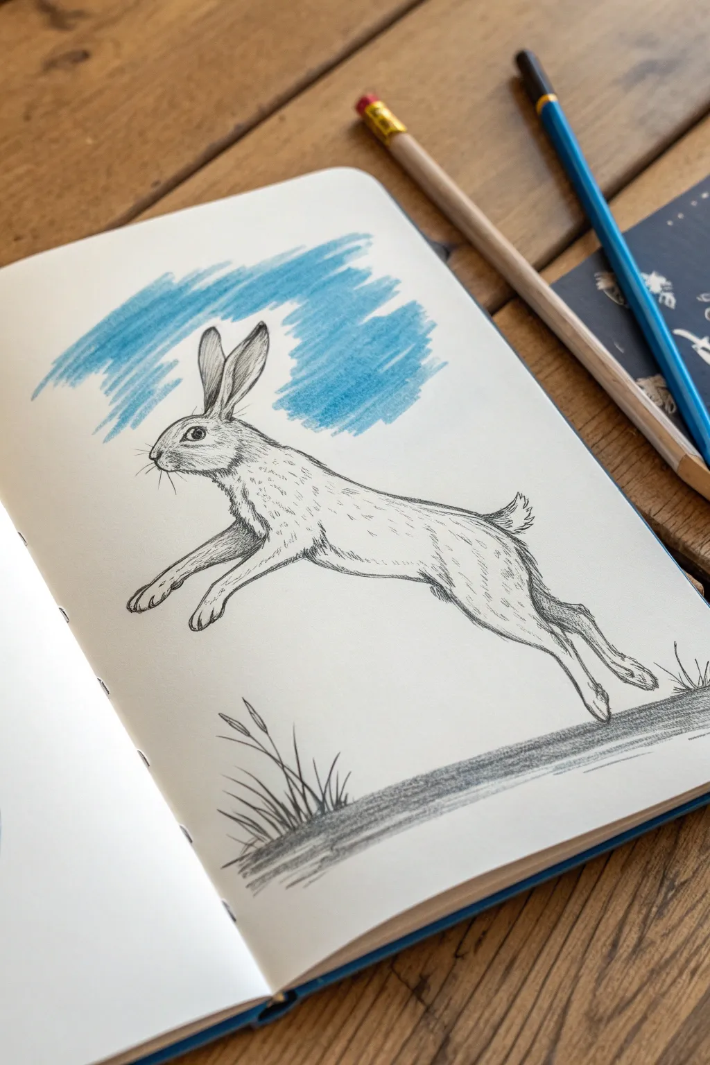 Jumping rabbit gesture sketch idea with motion lines, minimalist look and a bold color accent