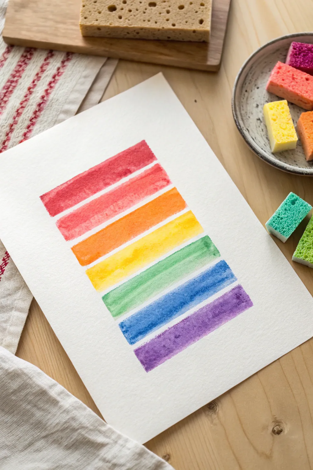 Sponge-stamped rainbow stripes with tactile texture, bold color contrast, and clean minimalist styling.