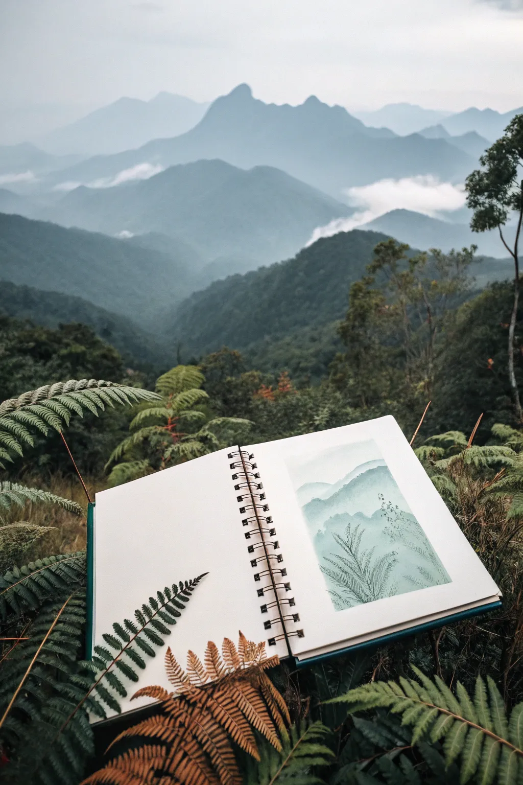 Misty rainforest mountains with drifting fog and a crisp leafy foreground for dreamy drawing ideas