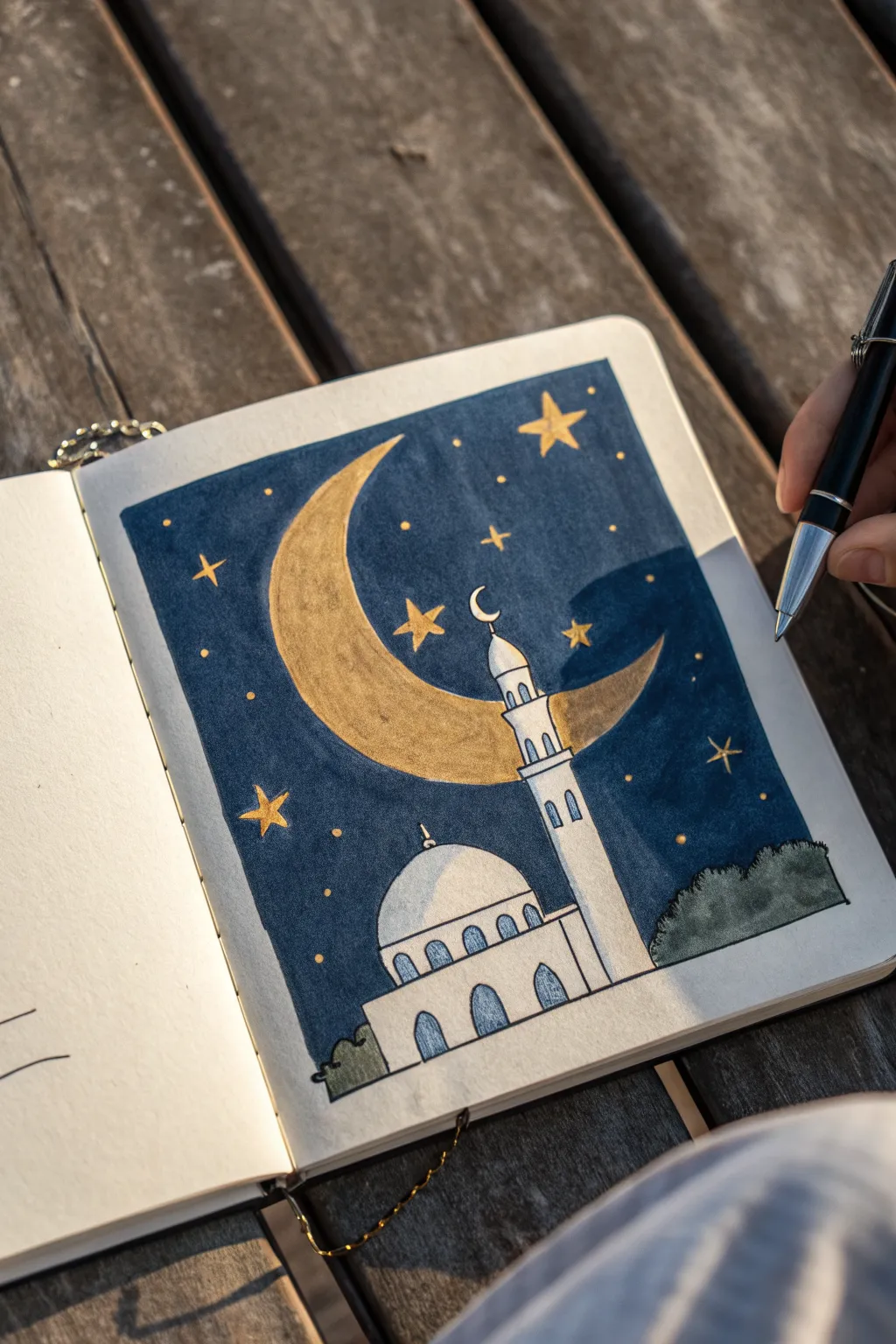 Dreamy Ramadan doodle: a tiny mosque perched on a golden crescent moon under an indigo sky.