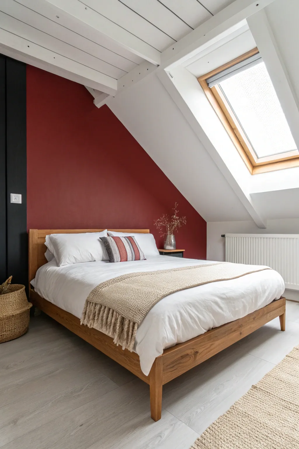 Red ceiling + single black wall creates a boxed-in glow that makes this minimalist bed feel luxe.