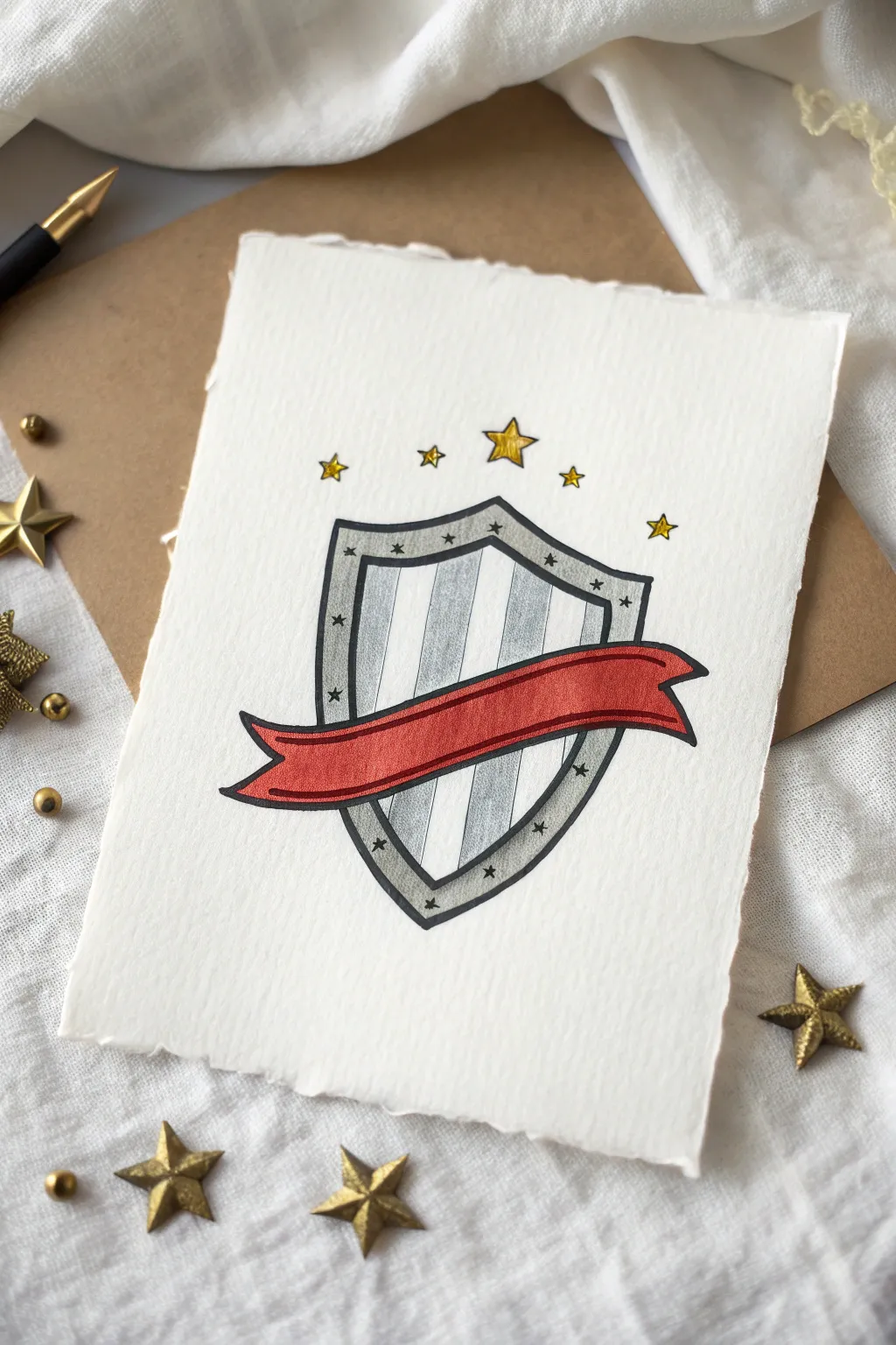Minimal shield and stars with a bold red ribbon for a clean, striking Red Ribbon Week drawing idea.