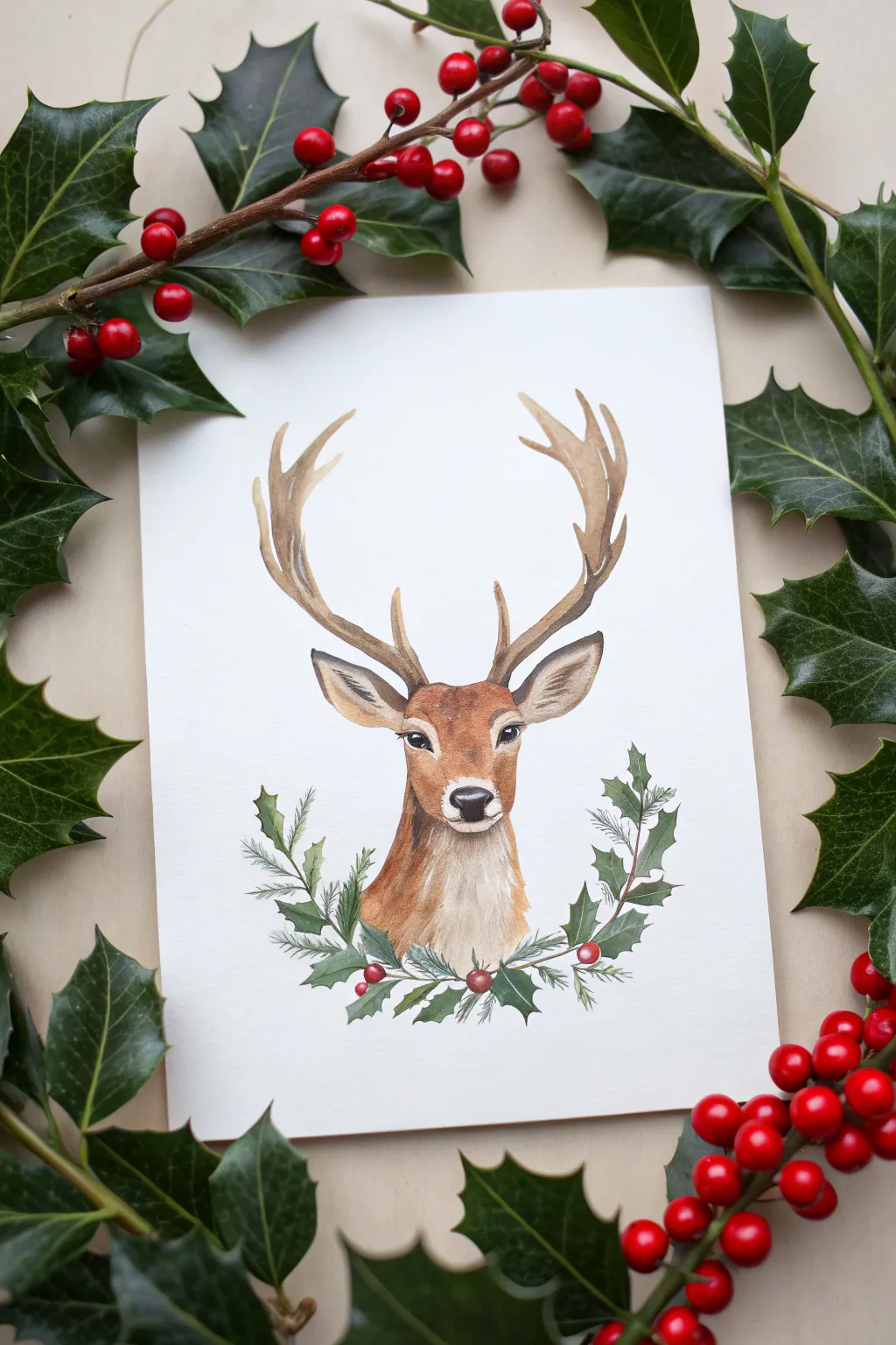 Holly and berries wreath framing a sweet reindeer portrait for a bold, cozy winter painting idea