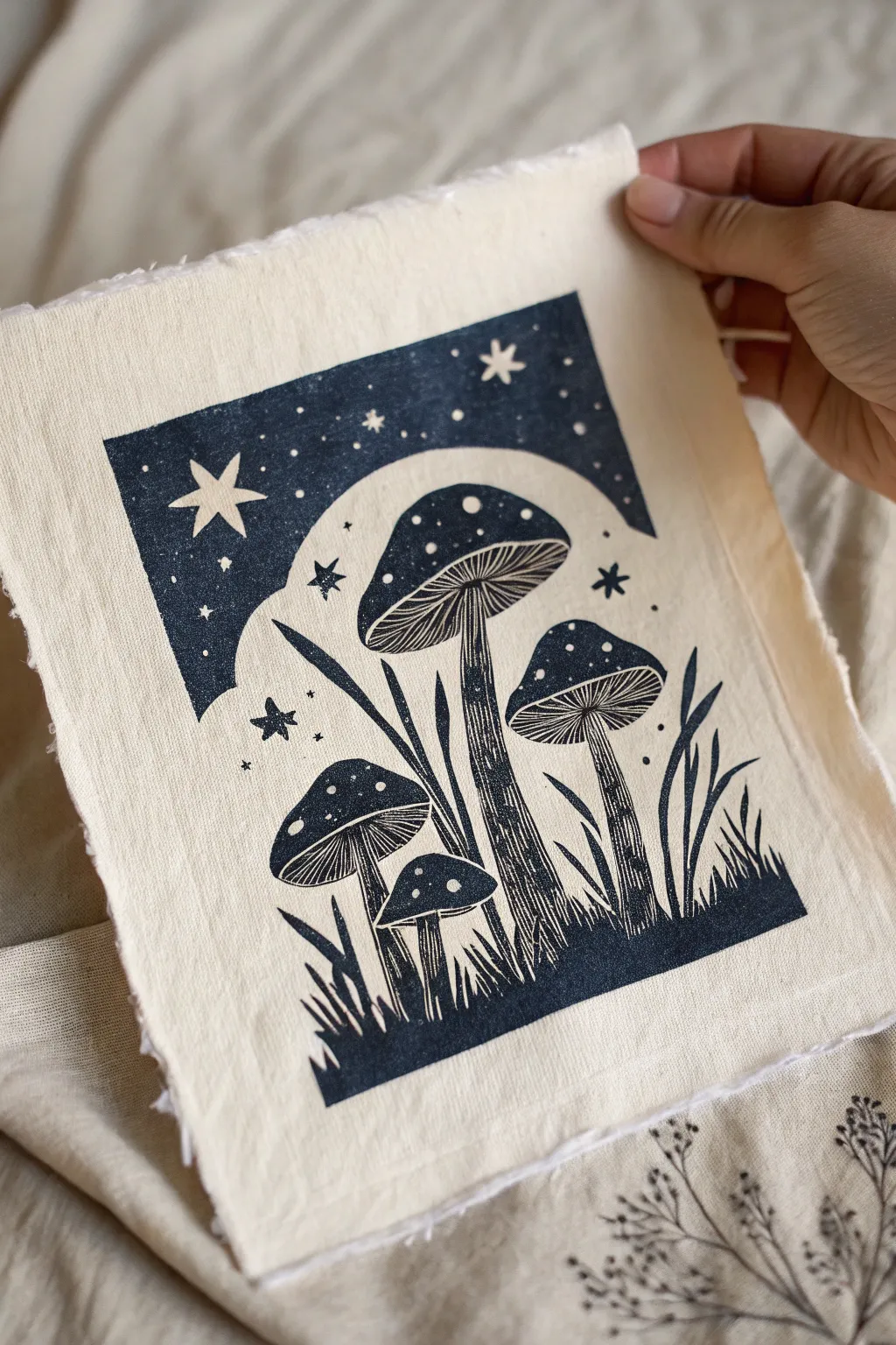 Magical mushroom relief print under a starry sky with bold silhouettes and fine carved lines.
