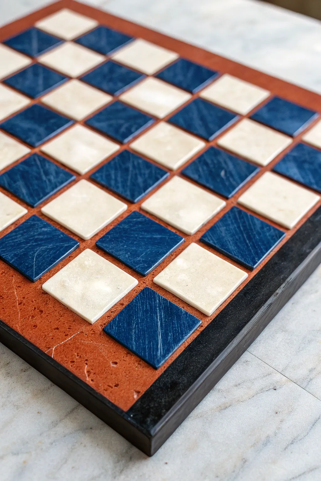 Geometric resin squares beyond the grid, bold color contrast with clean minimalist symmetry