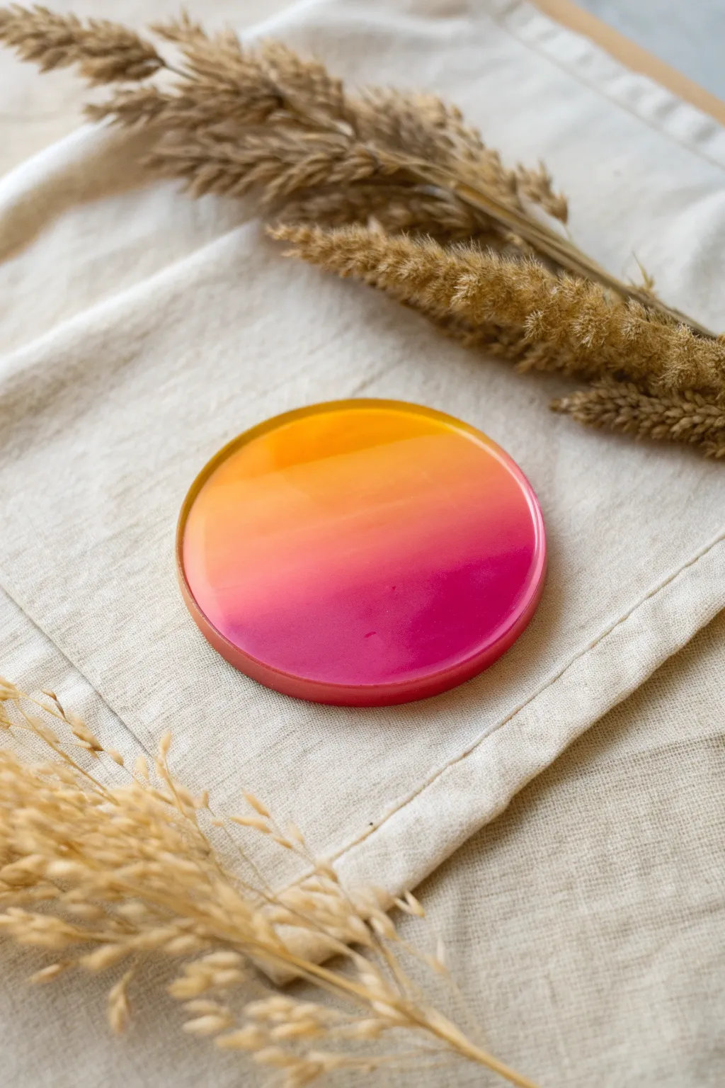Sunset ombre resin fade from golden yellow to purple, glossy, minimal, and striking.