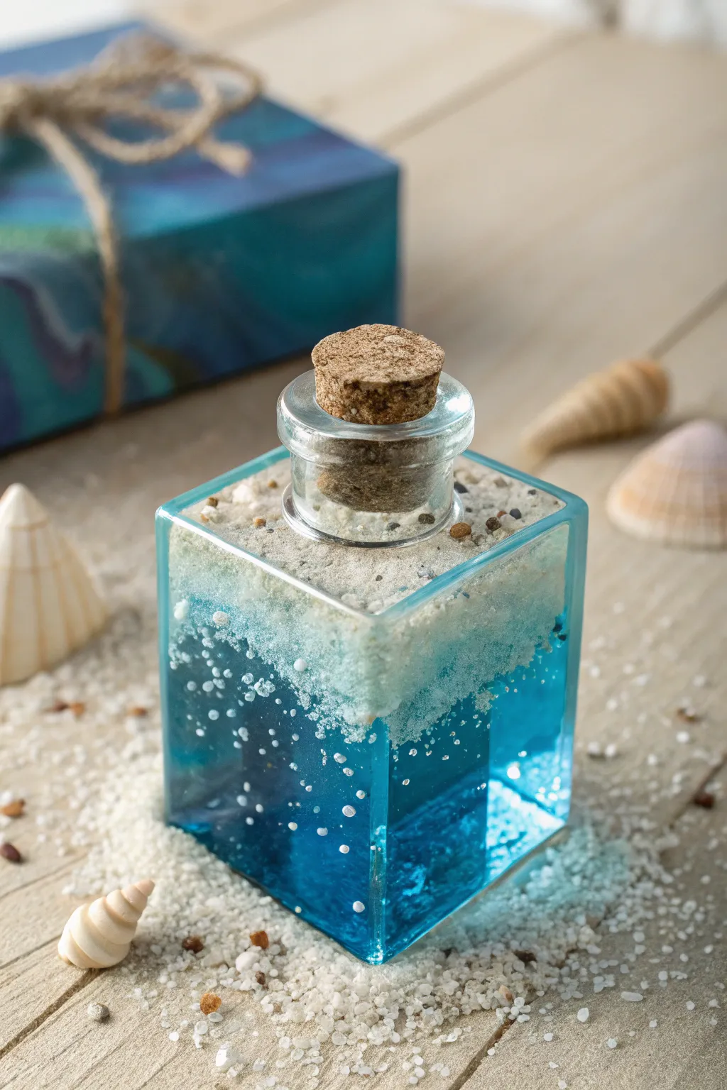 Message in a bottle resin cube with ocean blue glow, minimalist boho keepsake for shelf styling