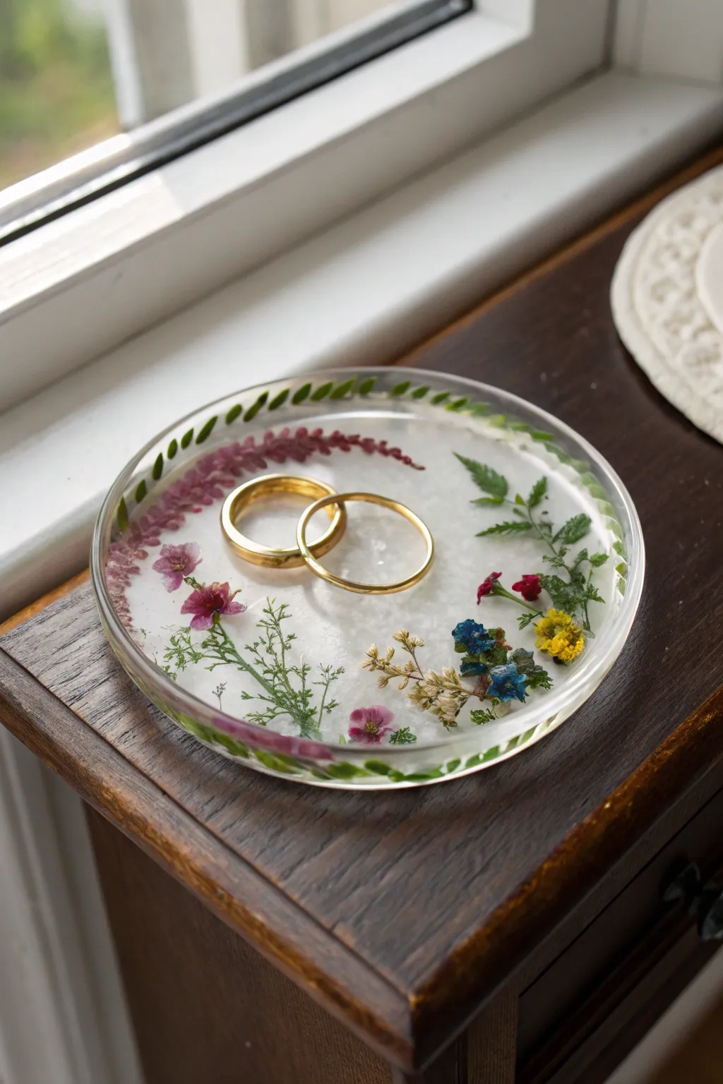Handmade resin ring dish with pressed florals and gold rings, a minimalist boho bedside accent