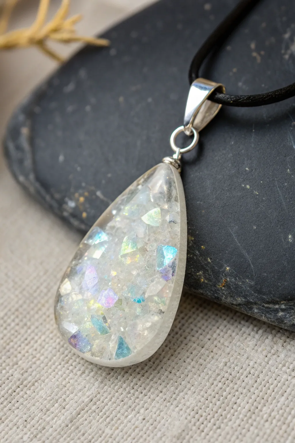 Milky faux opal resin pendant shimmering with iridescent chips in clean minimalist styling