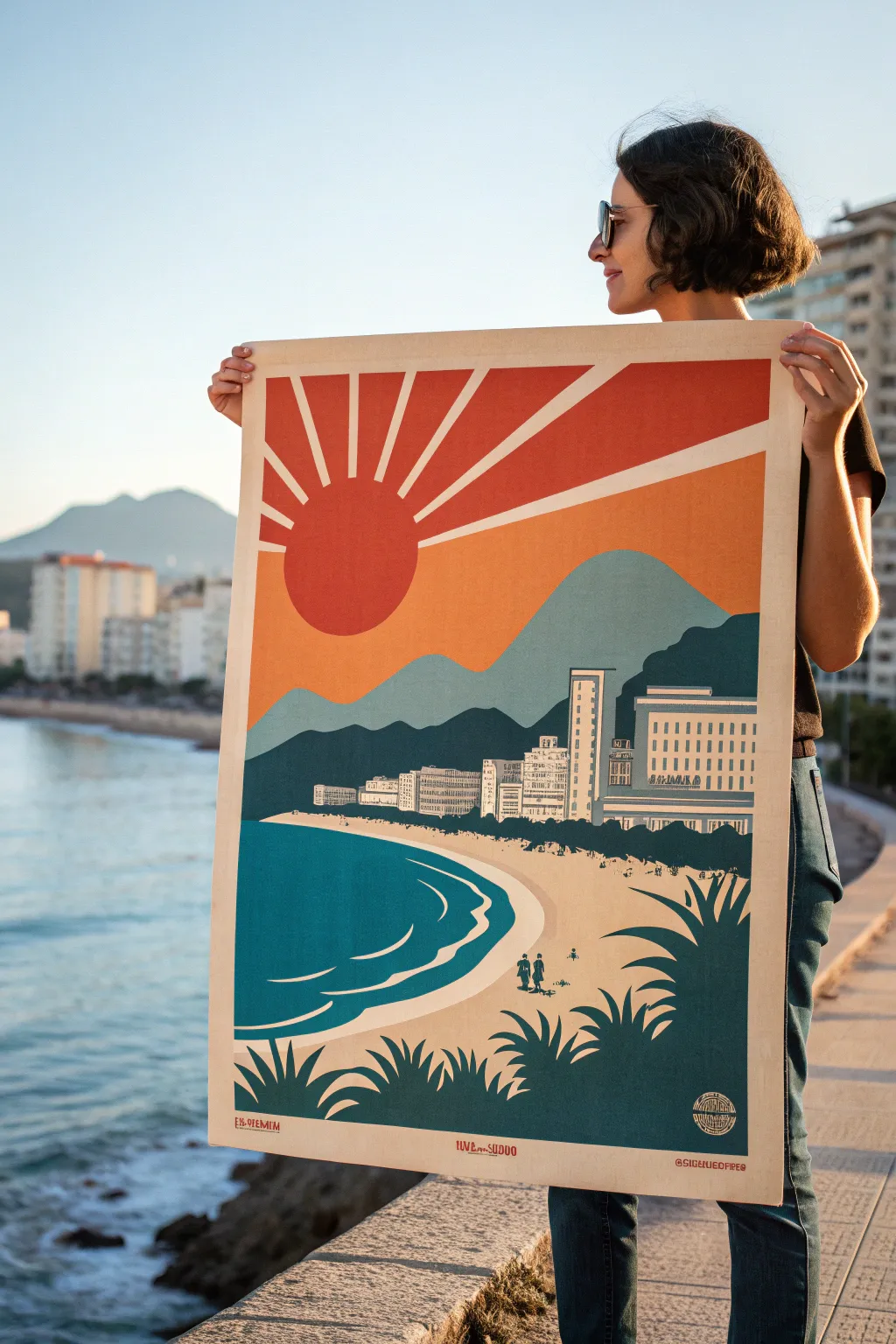 Retro cityscape travel poster painting with a bold sun, clean lines, and high-contrast vintage color.