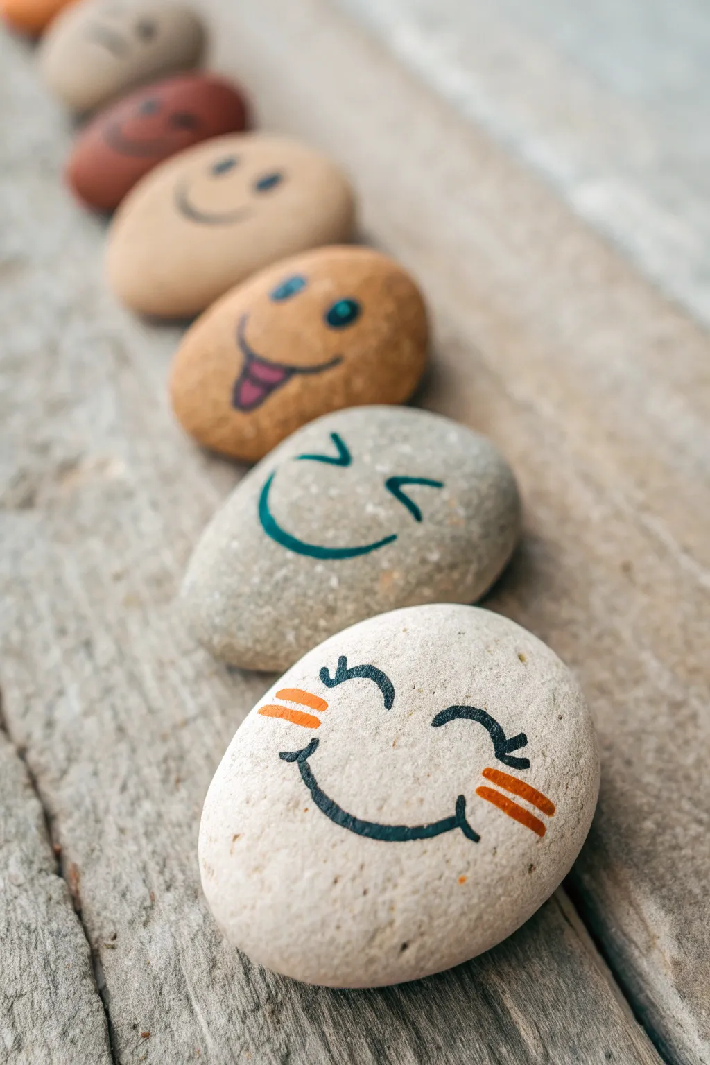 Easy smiley face pebble ideas: crisp paint pen expressions on minimalist Scandinavian backdrop