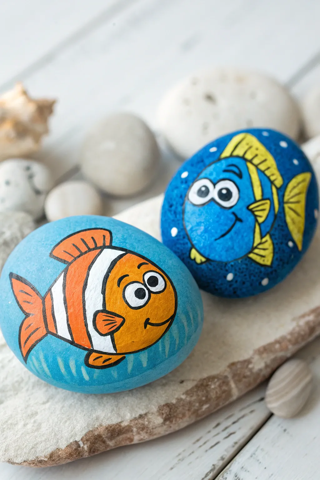 Disney reef fish story stones in bold colors, minimalist seaside vibes for easy rock painting