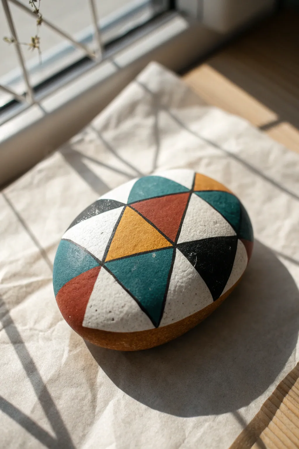 Easy geometric pattern rock in bold color blocks for a chic minimalist boho DIY
