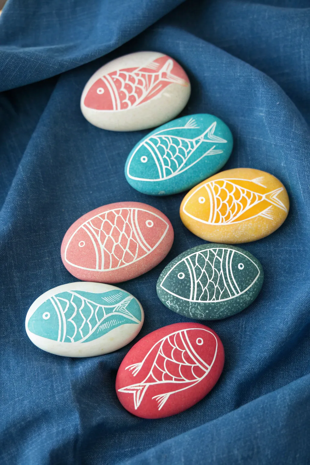 Tropical fish painted rocks in bold colors, arranged like a school on cobalt linen.