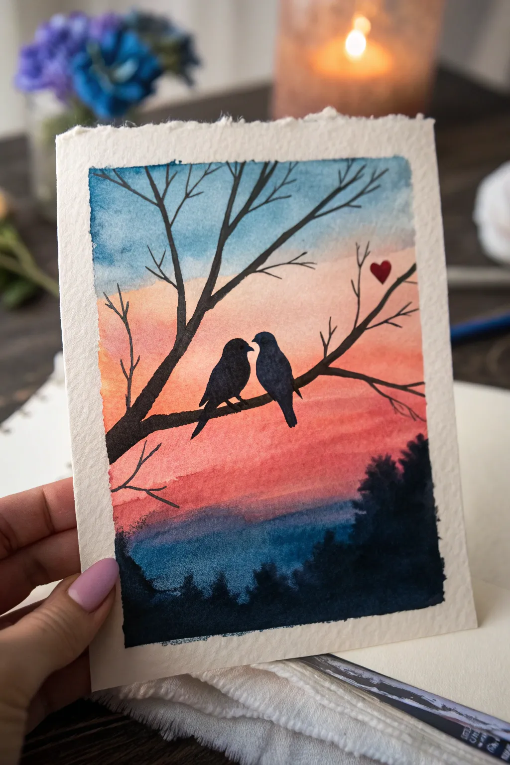 Dusk lovebirds on a branch, with a tiny heart in negative space and a bold, dreamy gradient sky