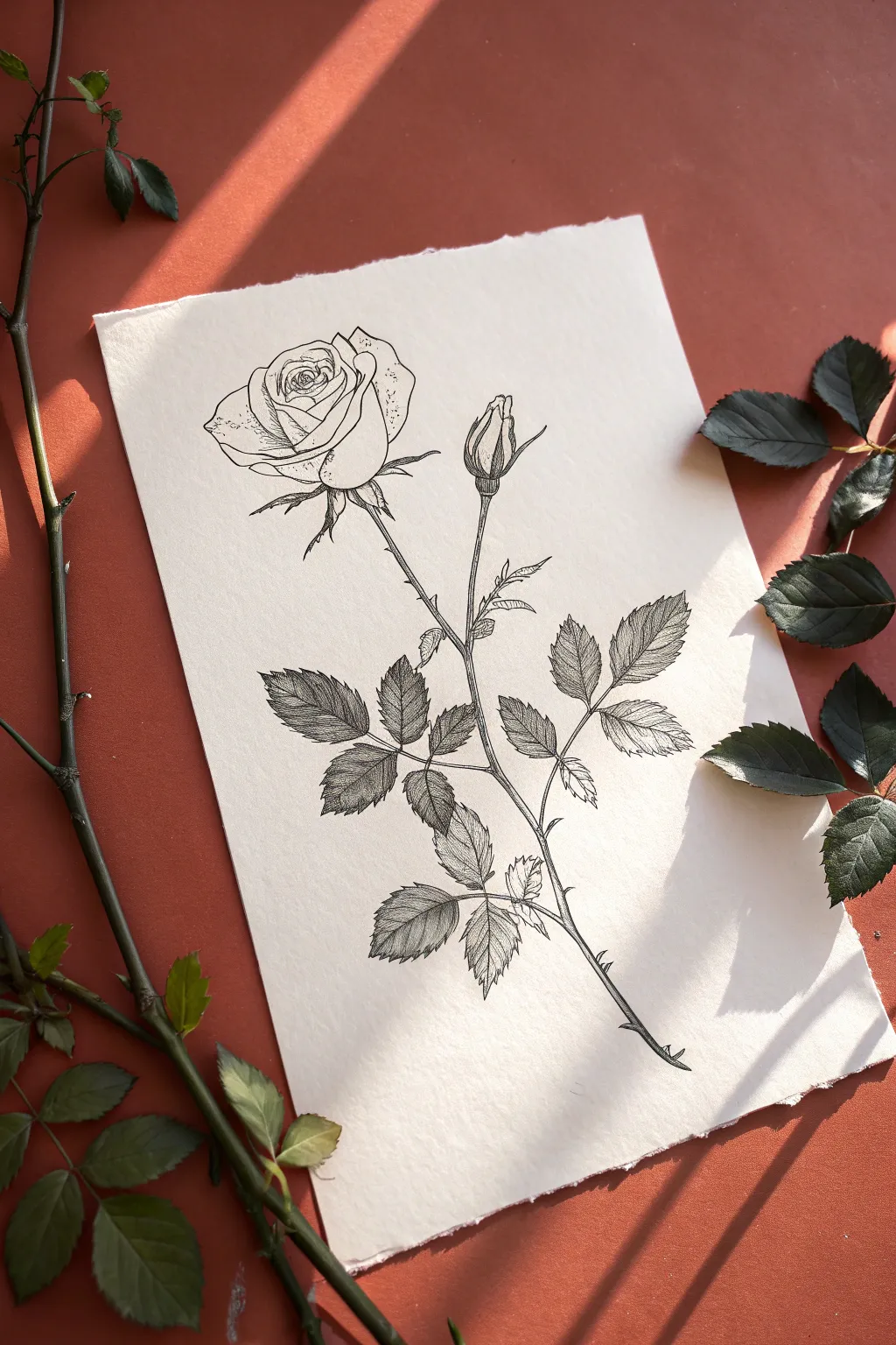 Minimal rose stem sketch with leaves and thorns, crisp line work and gentle shading