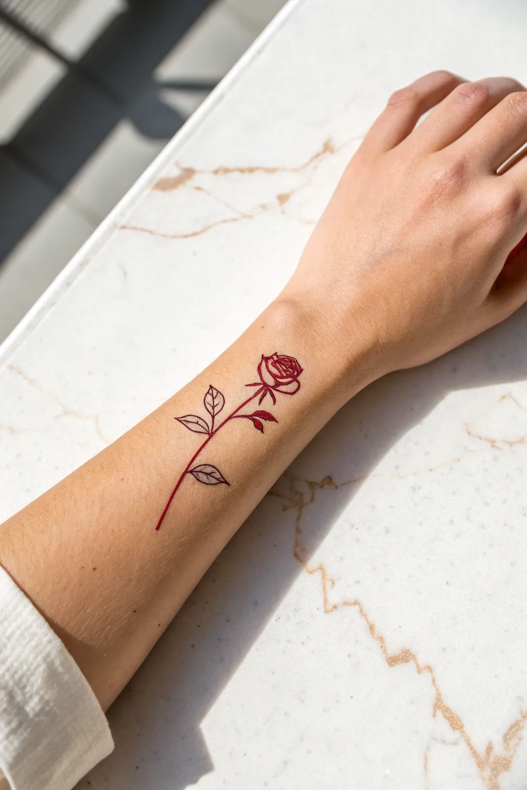 Small wrist rose tattoo with a tiny stem and leaves, minimalist yet bold in deep crimson.