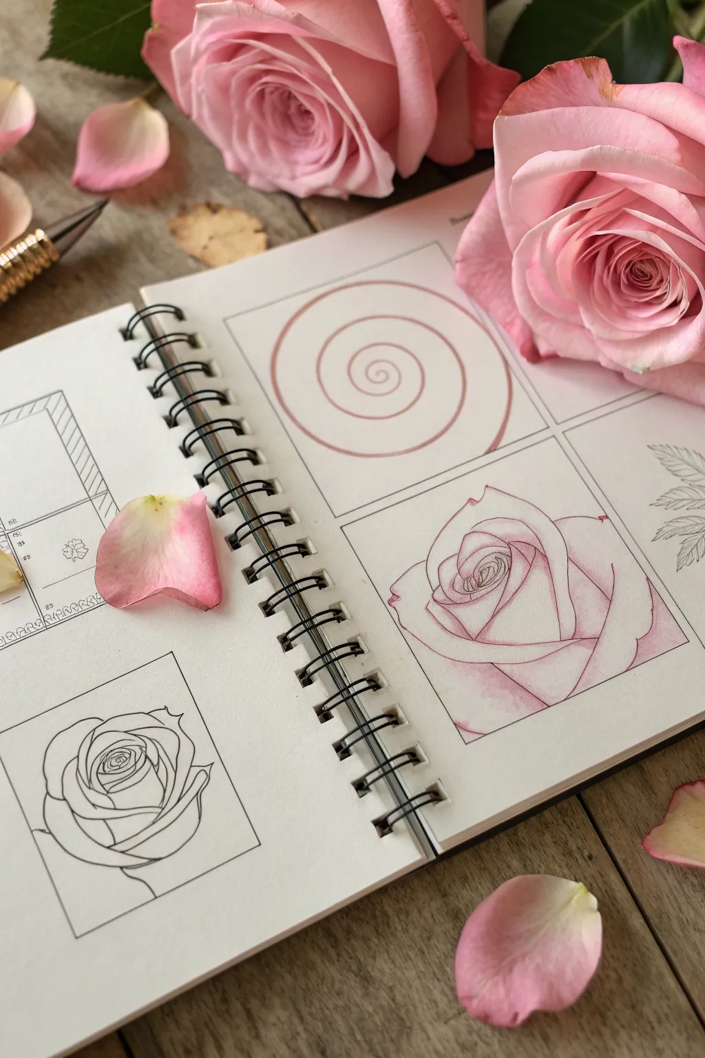 Follow clear petal layers as a rose blooms from swirl to full blossom in 4 simple steps