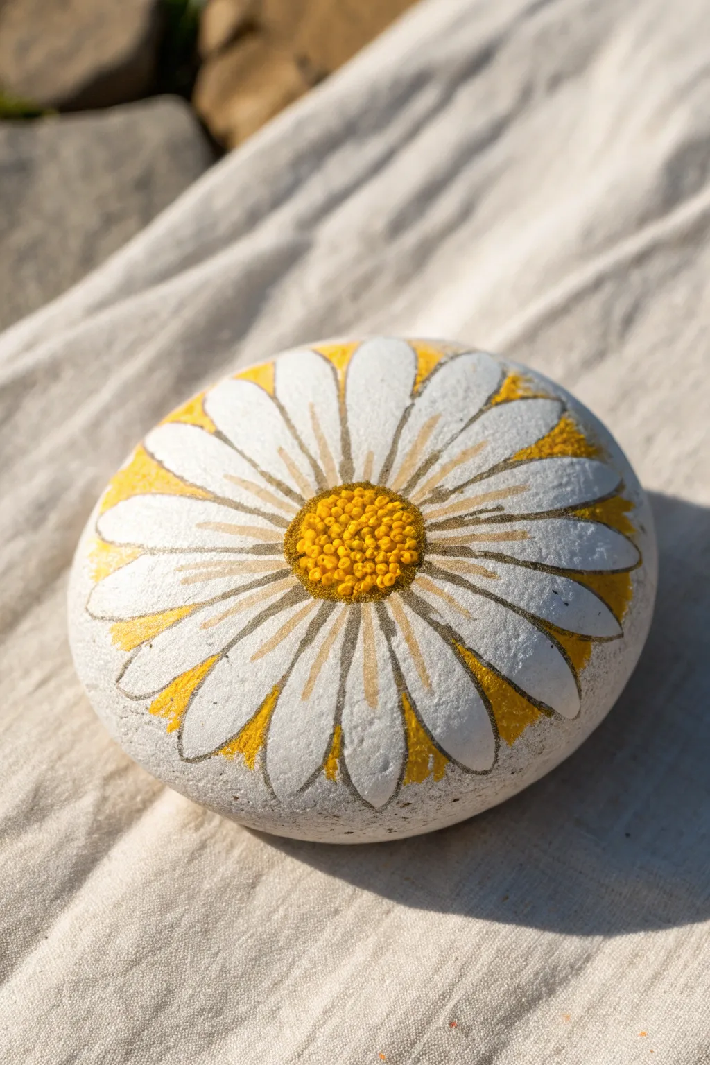 Top view flower rock painting with bold petals, minimalist boho styling, crisp contrast.