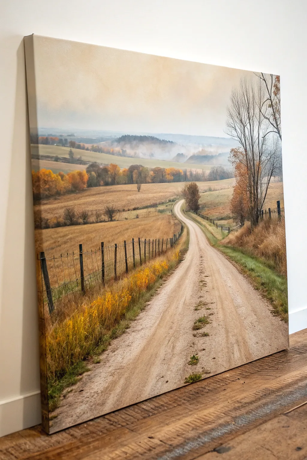 Autumn country road artwork in warm ochres and smoky greens, minimalist rustic nostalgia.