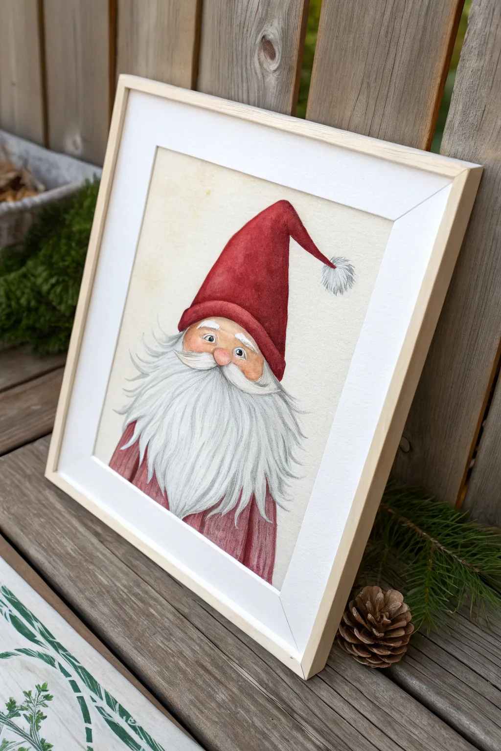 Minimal gnome-style Santa: hat over eyes, round nose, bold red cap, and a soft white beard