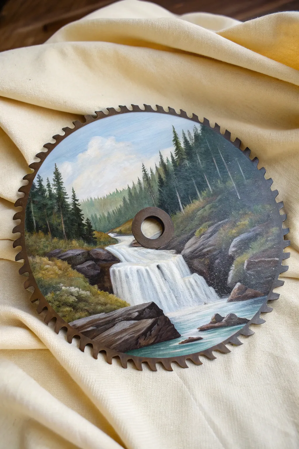 Waterfall-to-river curve painted on a saw blade for a bold, minimalist boho landscape vibe