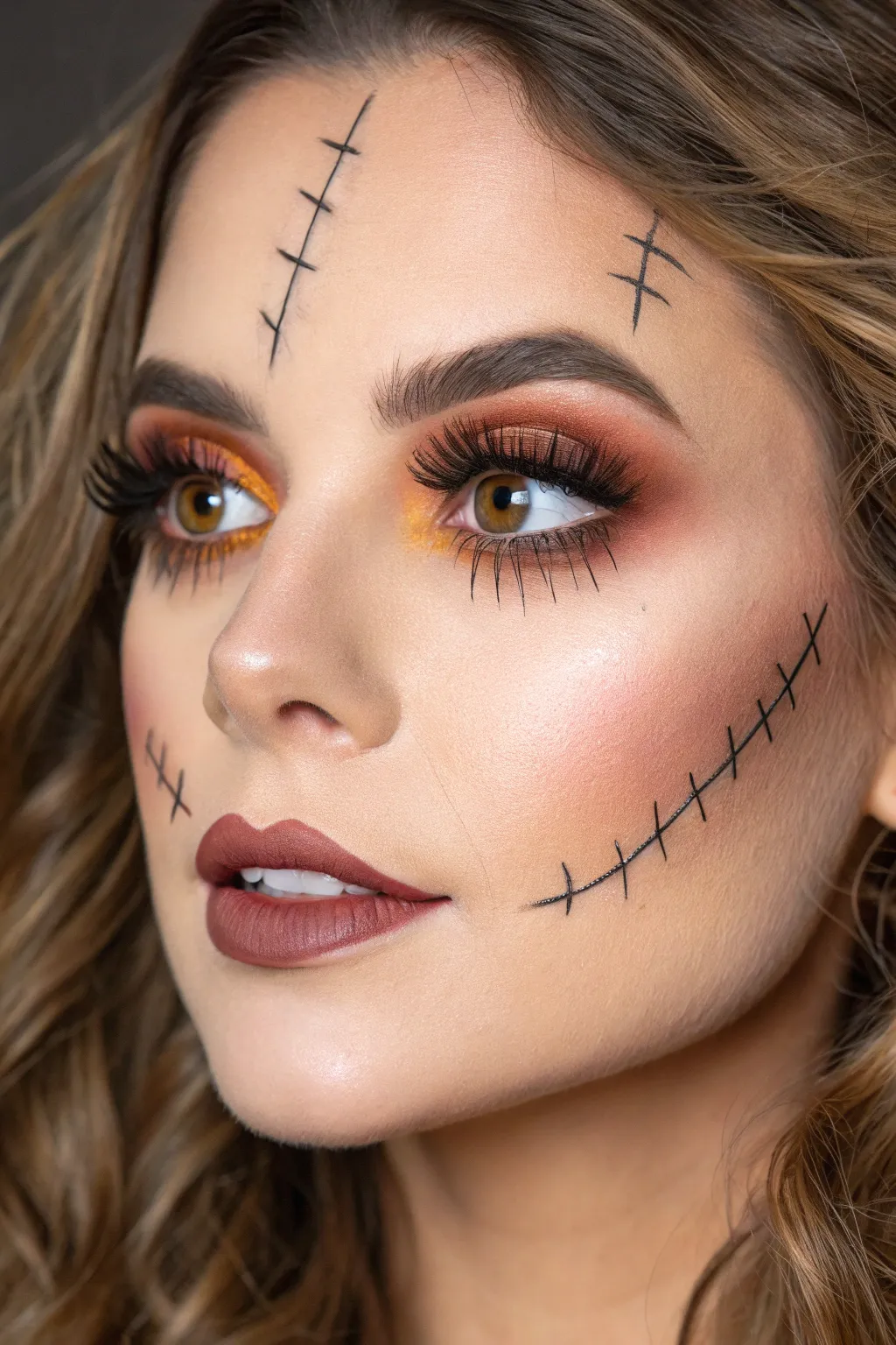 Warm gold-orange shimmer and sharp wings meet a stitched smile for glam scarecrow vibes