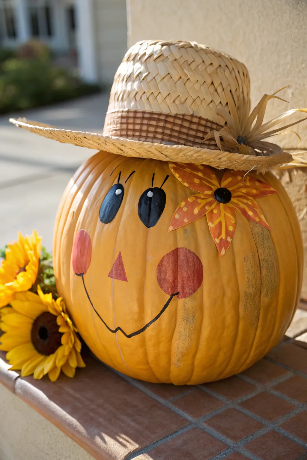 Cheerful scarecrow pumpkin with a bold sunflower accent in warm, harvest-ready tones