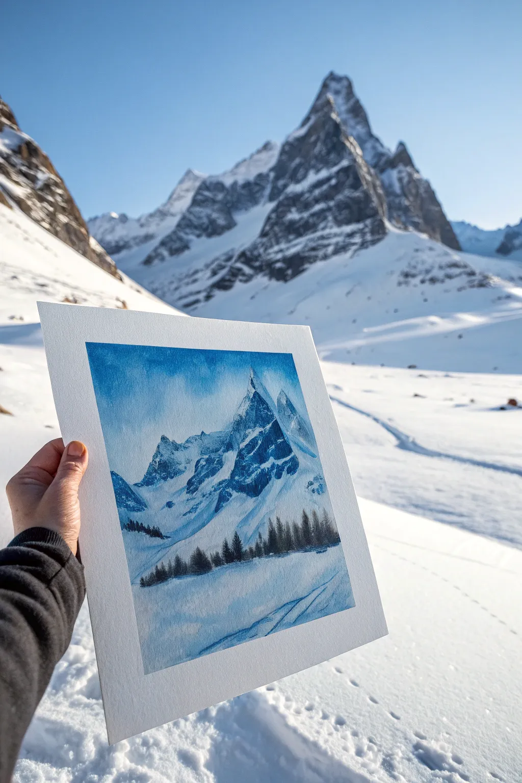 Scenic painting idea: snowy peaks with bright highlights and cool blue shadow planes