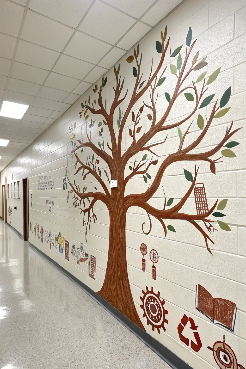 Tree of Learning mural with vibrant leaves and simple symbols, bold color on clean white