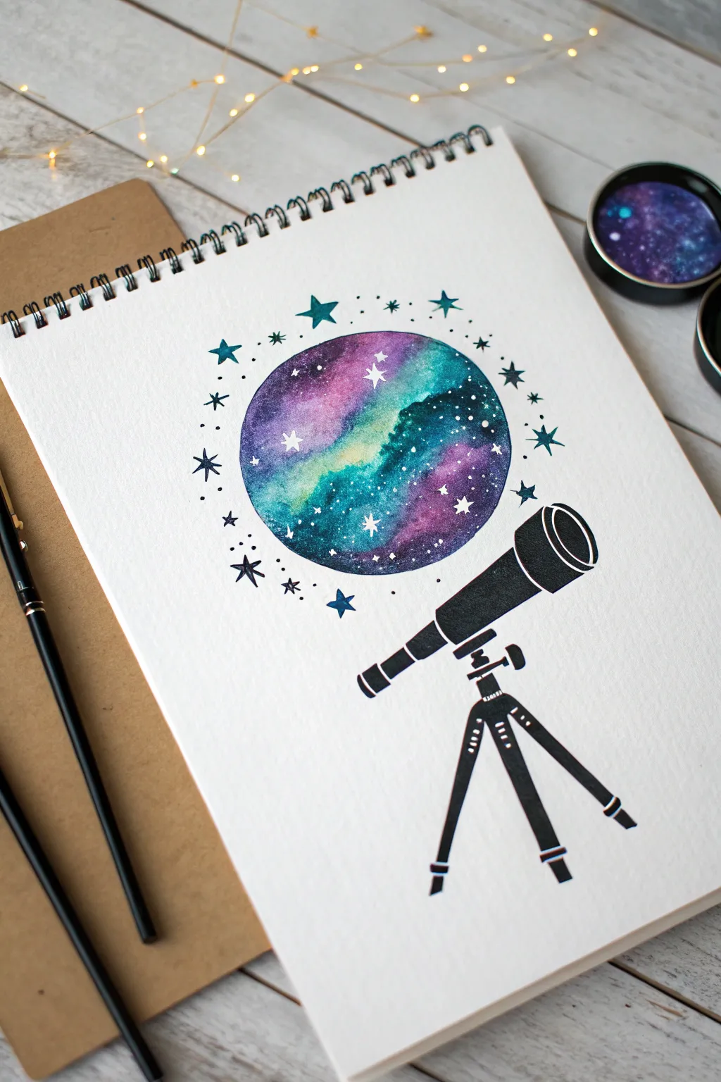 Telescope silhouette with vivid galaxy swirls and star splatter, a striking science drawing idea