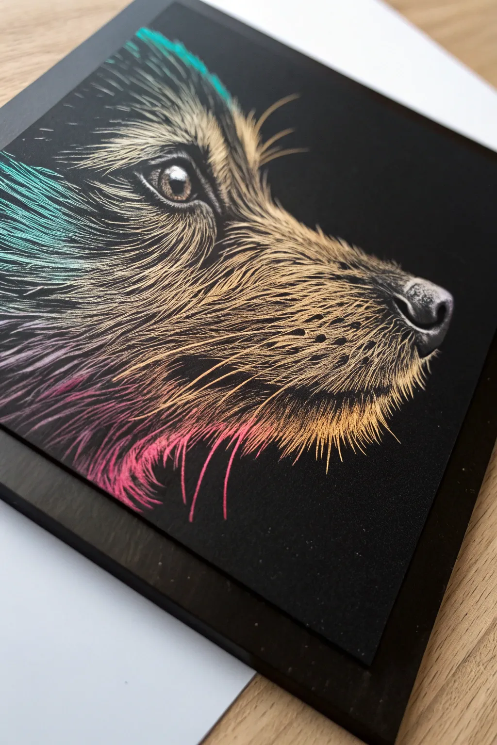 Furry animal scratch art close-up: layered fur marks and bold rainbow highlights in crisp contrast