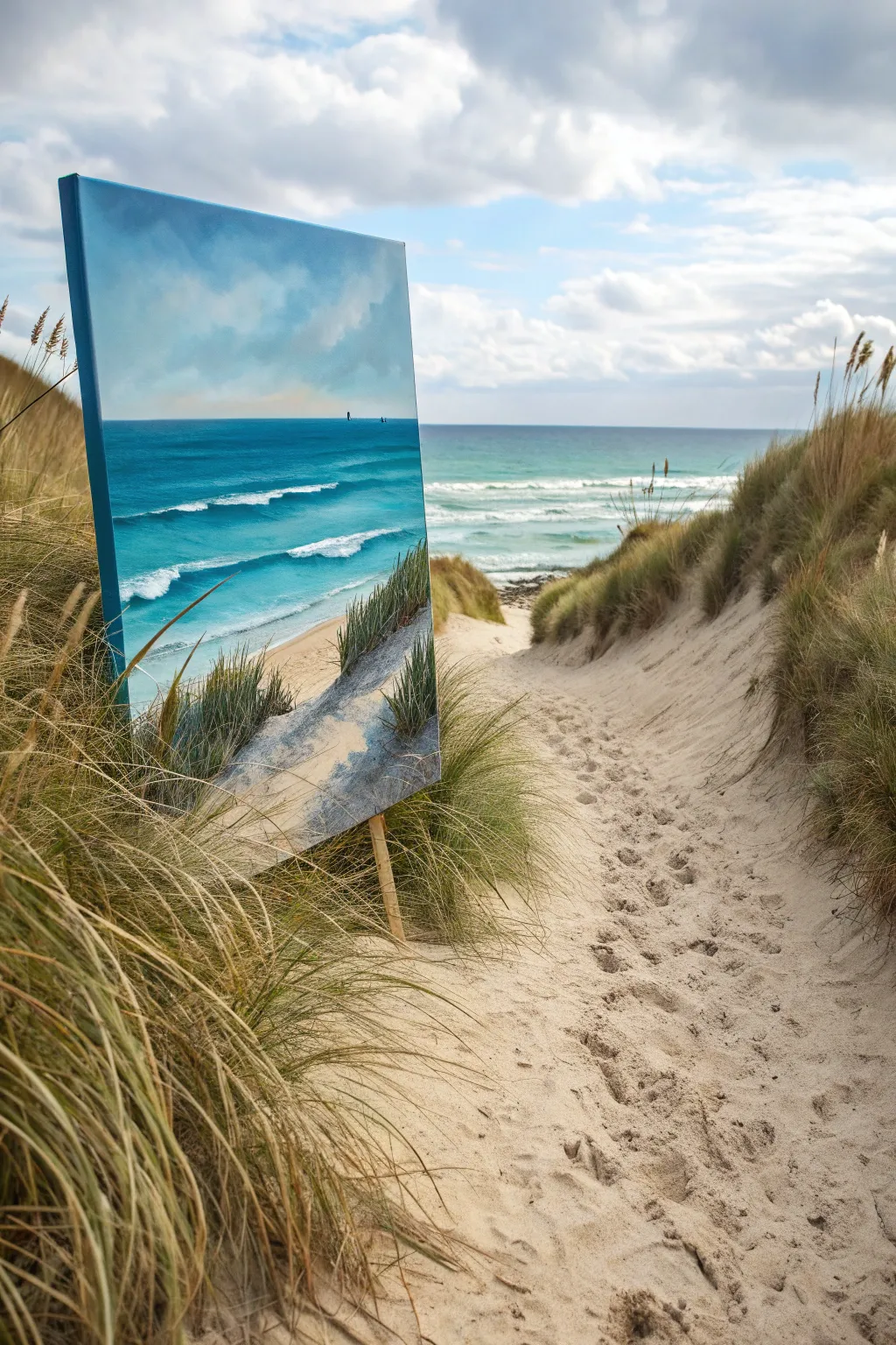 Minimalist seascape idea: sand dunes and beach grass guiding the eye to the ocean.