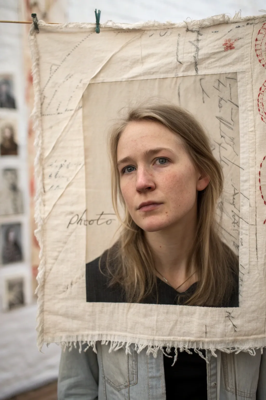 Text and texture self-portrait: a simple face silhouette surrounded by layered paper story