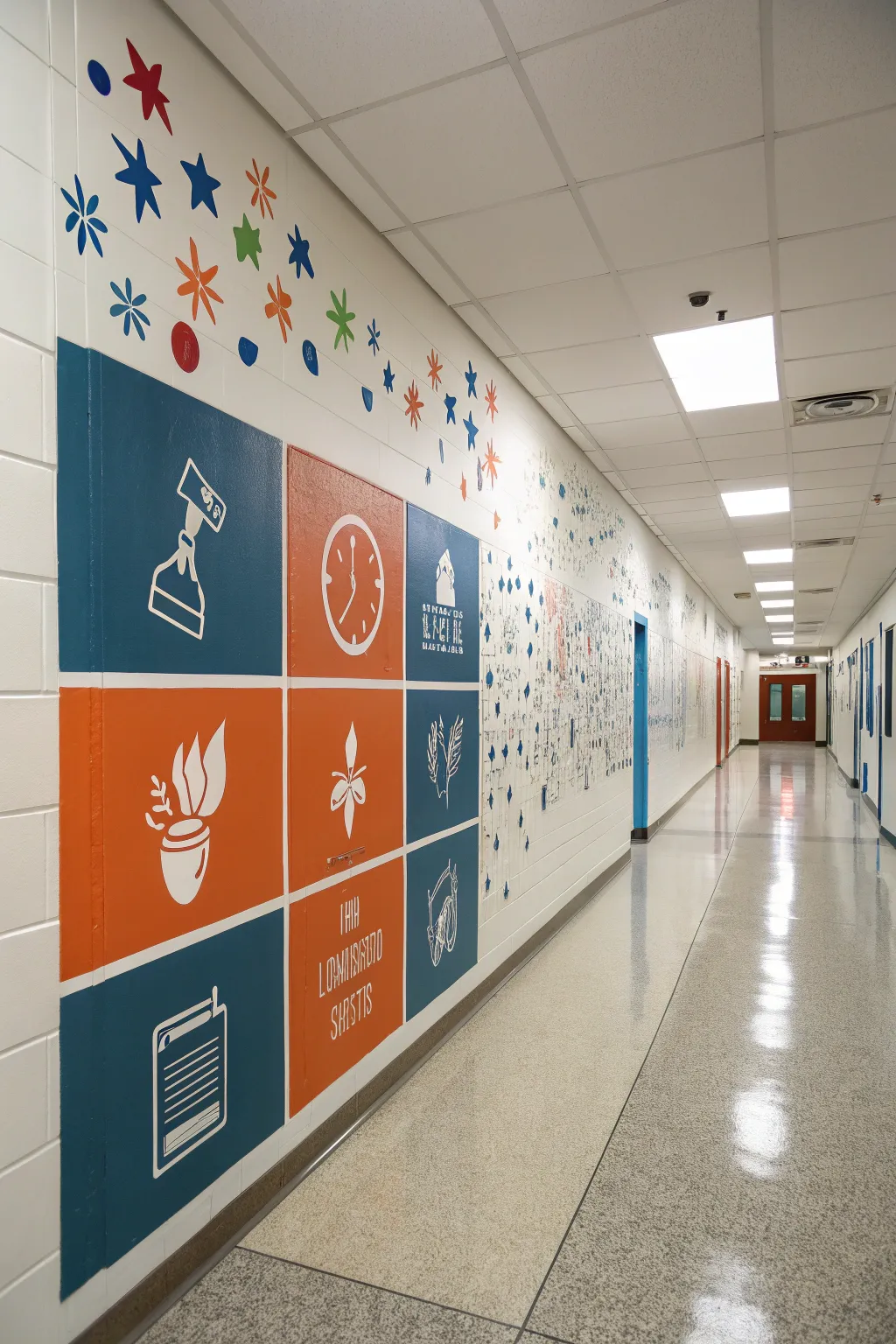 Freshman-to-senior timeline mural, clean Scandinavian lines, boho color blocks, graduation cap finale.